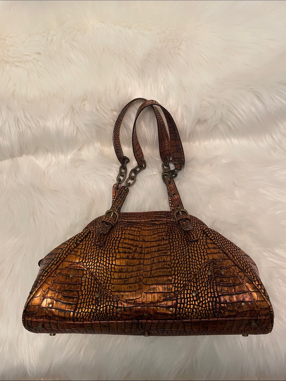 Charlie Lapson - Croc-Embossed Metallic Copper Shoulder Bag with Chain Accents
